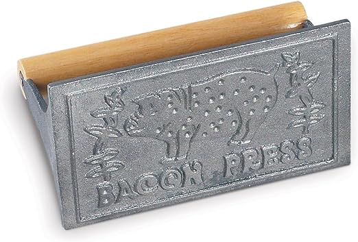 HIC Kitchen Rectangular Bacon Press and Steak Weight, Heavyweight Cast Iron with Wooden Handle, For Grill Panini Burgers Bacon and Sausage