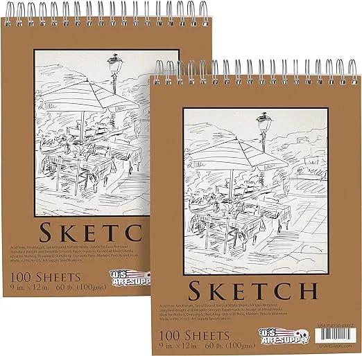 U.S. Art Supply 9x12" Sketch Pad Pack of 2, 100 Sheets Each, 60lb, Acid-Free - For Sketching, Drawing, Graphite, Colored Pencils - For Adults, Students