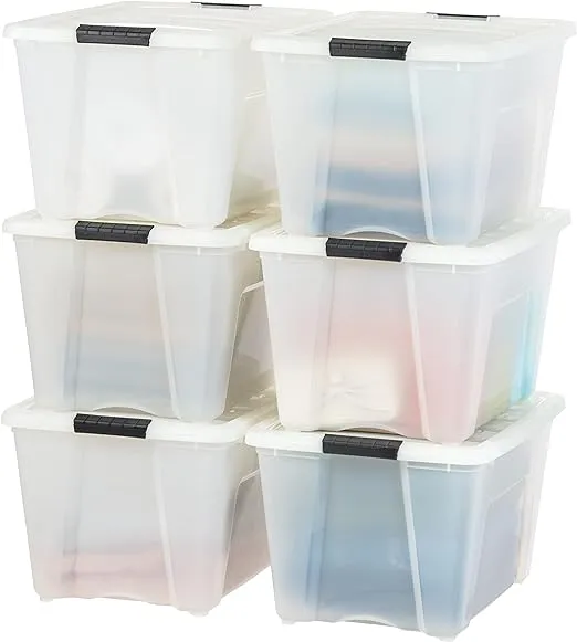 IRIS USA 54 Quart Stackable Plastic Storage Bins with Lids and Latching Buckles, 6 Pack - Pearl, Containers with Lids and Latches, Durable Nestable Closet, Garage, Totes, Tubs Boxes Organizing