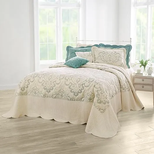 BrylaneHome Bedding Lightweight All Season Modern Amelia Quilted Damask Oversized Ultra Soft Bedspread - King, Ivory Seaglass