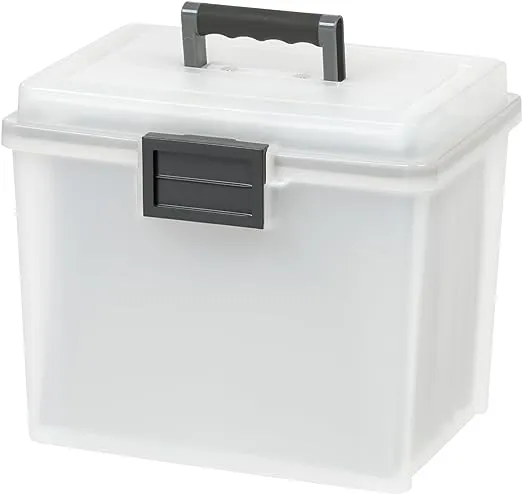 IRIS USA File Box WeatherPro Portable File Organizer Plastic File Box for Letter File w/ Organizer-Lid, Durable Lid and Seal w/ Secure Latching Buckles, Stackable and Nestable, Pearl 19 Qt. 1 Pack