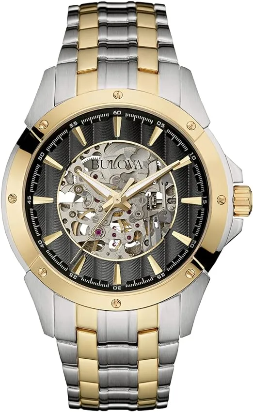 Bulova Men's Classic Two-Tone Stainless Steel 3-Hand Automatic Watch, Skeleton Dial, 43mm Style: 98A146