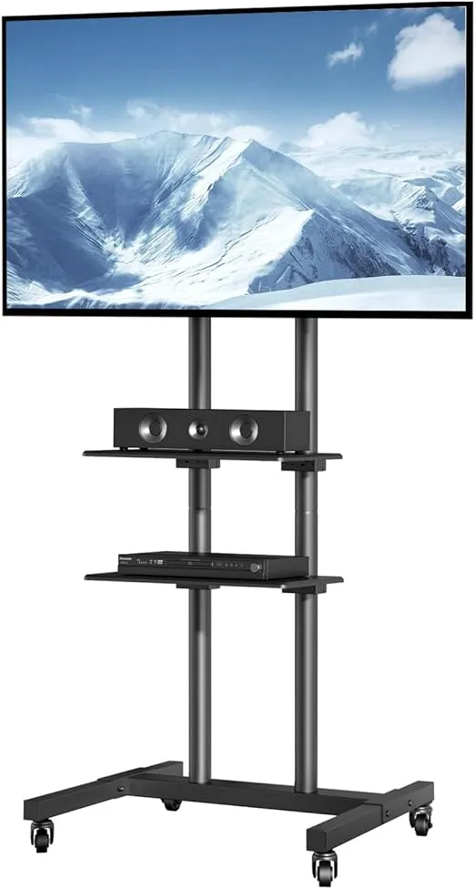 VEVOR Mobile TV Stand, Mobile TV Cart for 32 to 70 inch TVs, Height Adjustable Portable TV Stand with Wheels, Double Tray for Audio-Visual Devices, Rolling TV Stand with Mount for Bedroom, Living Room