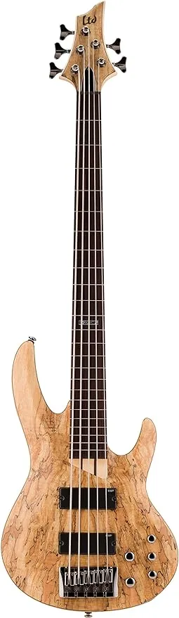 ESP LTD B-205SM FL Fretless Spalted Maple 5-String Bass Guitar, Natural Satin