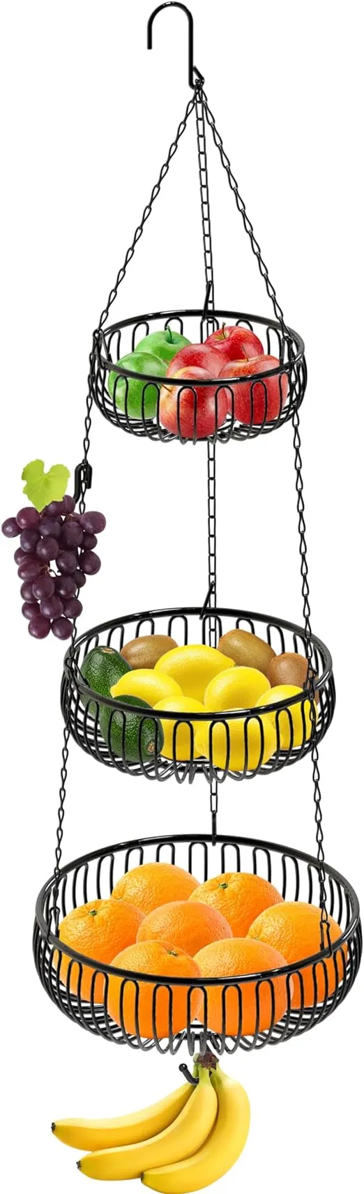 Simple Houseware Adjustable Metal Hanging Fruit Basket, Oblate, Black, 11" W x 11" L x 30" H