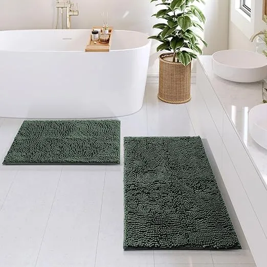 Hearth & Harbor Bathroom Rugs Sets 2 Piece, Chenille Bath Mat Set - Machine Washable Bath Mats for Bathroom Non-Slip Backing Rubber Quick Dry Bathroom Mat - Hunter Green Bath Rug, 17x24-20x32