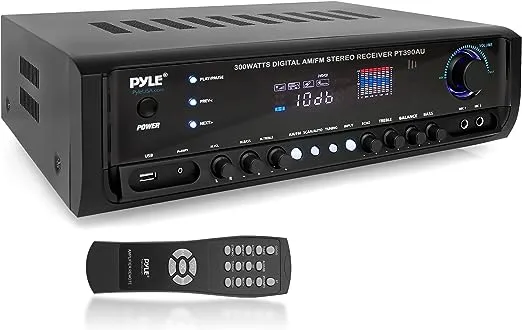 Pyle Home Audio Power Amplifier System - 300W 4 Channel Theater Power Stereo Sound Receiver Box Entertainment w/ USB, RCA, AUX, Mic w/ Echo, LED, Remote - For Speaker, iPhone, PA, Studio Use PT390AU