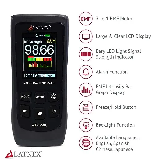 LATNEX AF-3500 EMF Meter RF Detector and Reader with Calibration Certificate - Measures RF and Microwaves, 3-Axis Gauss Magnetic Fields and Electrical Fields ELF