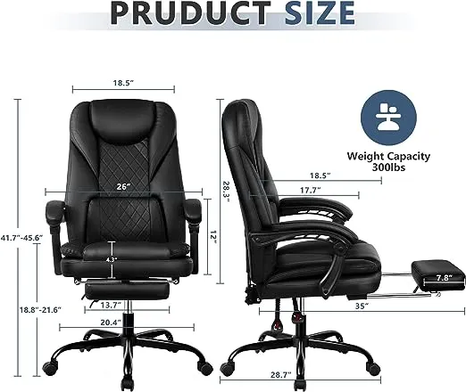 Executive Office Chair, Big and Tall Office Chair with Foot Rest Reclining Leather Chair, High Back Ergonomic Home Office Desk Chair(Black)