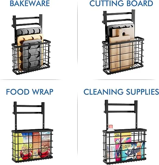 2 Pack Cabinet Door Organizer, Over The Cabinet Door Organizer with 2 Double Towel Bar, Cutting Board Organizer, Kitchen Cabinet Towel Holder with Foil and Wrap Organizer