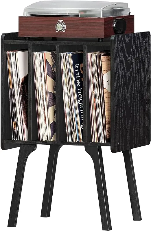 LELELINKY Record Player Stand,Black Vinyl Record Storage Table with 4 Cabinet Up to 100 Albums,Mid-Century Turntable Stand with Wood Legs,Vinyl Holder Display Shelf for Living Room