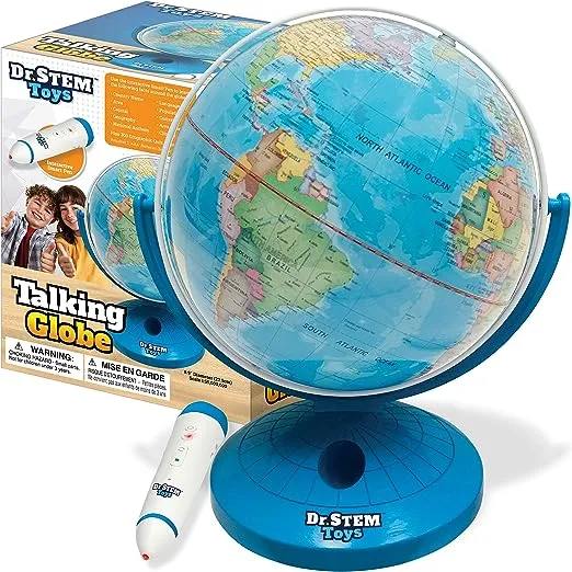 Dr. STEM Toys Talking World Globe with Interactive Stylus Pen and Stand, Colorful Map for Early Learning and Teaching - Includes Trivia, Q&A, and Music - 9 Inches in Height, Ages 6+