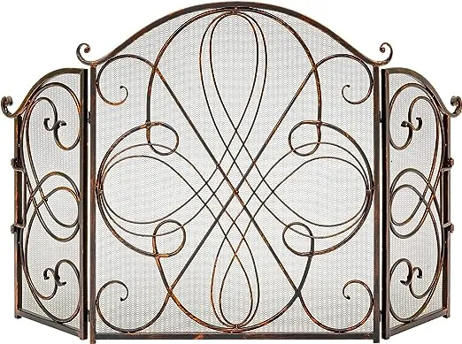 Best Choice Products 3-Panel 55x33in Solid Wrought Iron See-Through Metal Fireplace Screen, Spark Guard Safety Protector w/Decorative Scroll - Copper