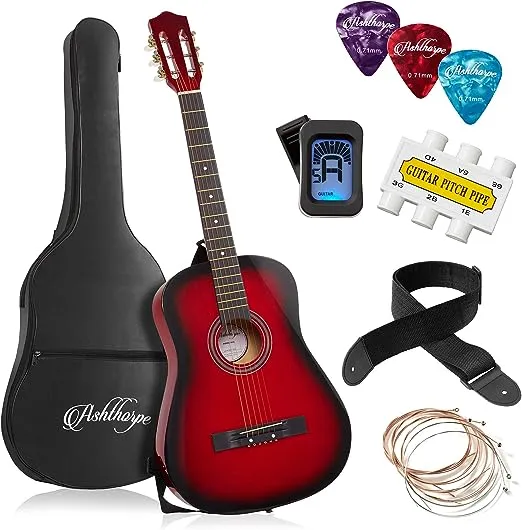 Ashthorpe 38-inch Beginner Acoustic Guitar Package (Red), Basic Starter Kit w/Gig Bag, Strings, Strap, Tuner, Pitch Pipe, Picks