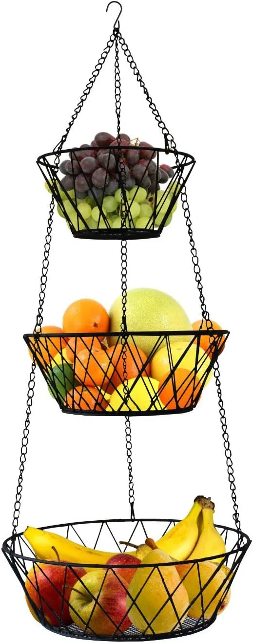 Heavy Duty - 3 Tier Hanging Kitchen Black Fruit Basket