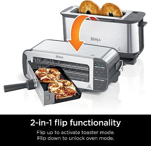 Ninja ST101 Foodi 2-in-1 Flip Toaster, 2-Slice Capacity, Compact Toaster Oven, Snack Maker, Reheat, Defrost, 1500 Watts, Stainless Steel, 6 Functions