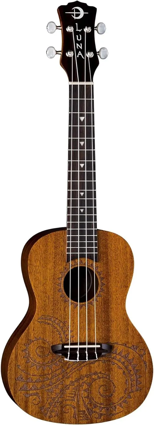 Luna Tattoo Concert Mahogany Ukulele with Gig Bag, Satin Natural