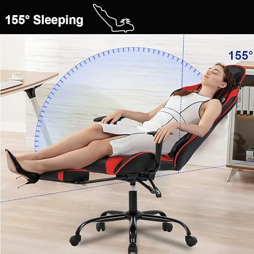 Gaming Chair Office Chair Ergonomic Desk Chair with Footrest Arms Lumbar Support Headrest Swivel Rolling High Back Racing Computer Chair for Women Men Adults Girls,Red