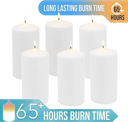 Stonebriar 6 Count Tall 3 x 6 Inch 65 Hour Long Burning Unscented White Wax Pillar Candles