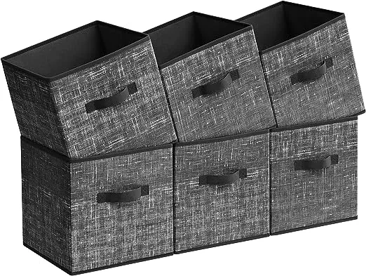 SONGMICS Storage Cubes, 11.8-Inch Non-Woven Fabric Bins with Double Handles, Set of 6, Closet Organizers for Shelves, Foldable, for Clothes, Classic Black UROB030B01