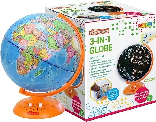 3-in-1 Light Up Globe for Kids - 8” Illuminated Star Map World Globes With Built-in Night Lamp Projector, And Stand - Learning & Educational Stem Toys, Gifts for Kids Ages 8 9 10 11 12 13+ Years Old