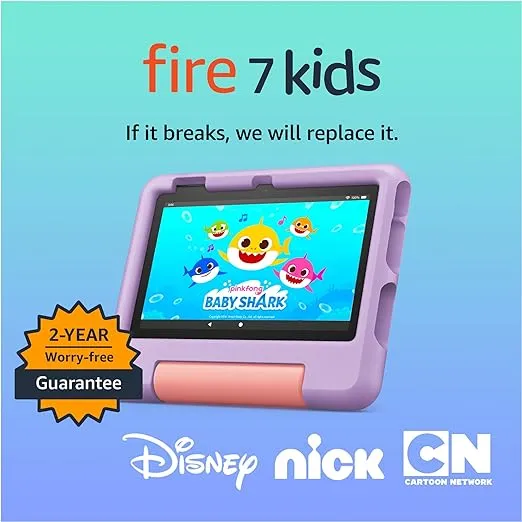 Amazon Fire 7 Kids tablet (newest model) ages 3-7. Top-selling 7" kids tablet on Amazon. Includes 6 months of ad-free and exclusive content, easy parental controls, 10-hr battery, 16 GB, Purple