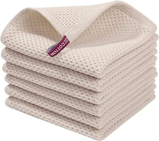 Homaxy 100% Cotton Waffle Weave Kitchen Dish Cloths, Ultra Soft Absorbent Quick Drying Dish Towels, 12 x 12 Inches, 6-Pack, Beige