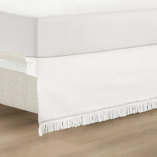 Lush Decor Boho Fringe 15-Inch Tailored Drop Easy Fit Bedskirt, King, Pure White