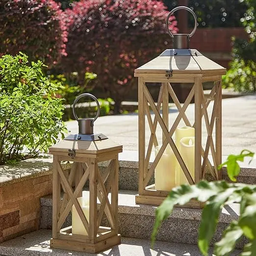 Glitzhome Mondern Farmhouse Wood Metal Lanterns Decorative Hanging Candle Lanterns Set of 2, Natural (No Glass)