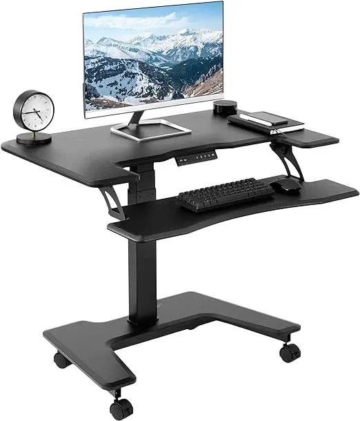 VIVO Black Electric Mobile Height Adjustable 36 inch Dual Platform Standing Desk with Wheels, Rolling Small Space Table, Sit Stand Workstation, DESK-V111VT