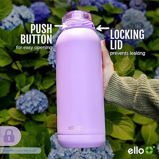 Ello Cooper 32oz Stainless Steel Water Bottle with Straw and Carry Handle, Double Walled and Vacuum Insulated Metal, Leak Proof Locking Lid with Soft Silicone Spout, Reusable, BPA Free, Sage