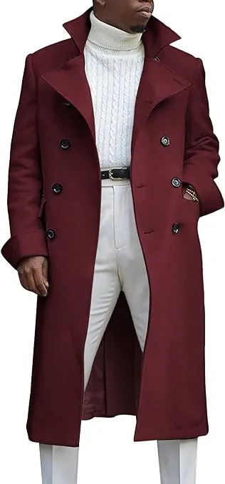 Ebifin Men's Notch Lapel Double Breasted Long Trench Coat Casual Cotton Blend Peacoat