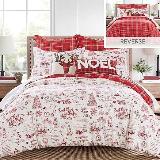 Levtex Home - Yuletide Comforter Set - Full/Queen Comforter 90x94 and Two Standard Pillow Cases 20x26 - Christmas Holiday Script - Red and Cream - Cotton