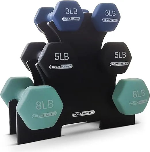 HolaHatha 2, 3, 5, 8, and 10 Pound Neoprene Dumbbell Free Hand Weight Set with Rack, Ideal for Home Exercises to Gain Tone and Definition, Pastel