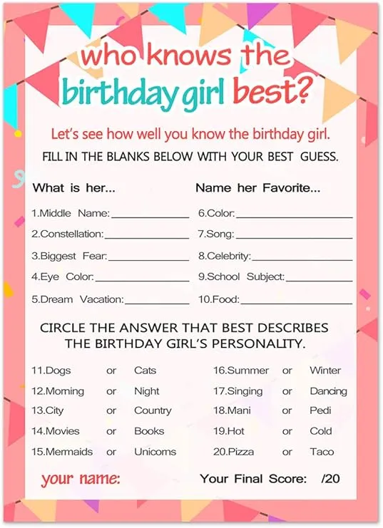 Yangmics Direct Who Knows The Birthday Girl Best, Birthday Girl Games - 20 Game Cards