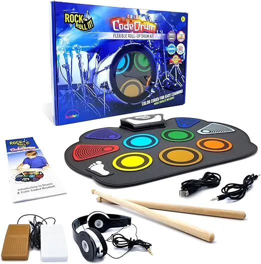 MUKIKIM Rock And Roll It - CodeDrum. Roll Up Portable Drum Set for Kids & Adults. Electronic Silicone Rainbow Drum Pad | Headphones | Pedals | Drum Sticks | Play-By-Color Rhythm Booklet Included