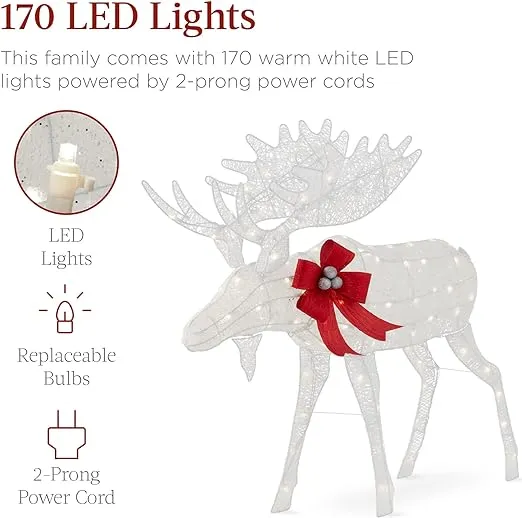 Best Choice Products 2-Piece Moose Family, Lighted Outdoor All-Weather Christmas Yard Decoration Light-Up Décor Set w/ 170 LED Lights, Ground Stakes, Zip Ties - White