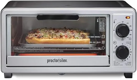 Proctor Silex 4 Slice Countertop Toaster Oven, Multi-Function with Bake, Toast and Broiler, 1100 Watts, 30 min timer and auto-shutoff, Includes Backing Pan and Rack, Black and Silver (31260)