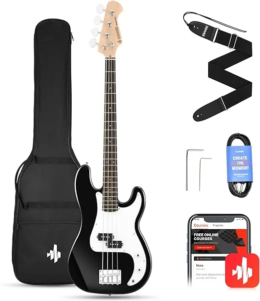 Donner Electric Bass Guitar 4 Strings Full-Size Standard Bass PB-Style Beginner Kit Black for Starter with Free Online Lesson Gig Bag Guitar Strap and Guitar Cable, DPB-510D