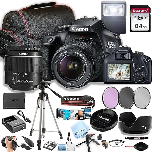 Canon EOS 4000D / Rebel T100 DSLR Camera w/EF-S 18-55mm F/3.5-5.6 Zoom Lens + 64GB Memory, Filters,Case, Tripod, Flash, and More (34pc Bundle) (Renewed)