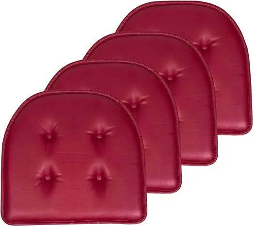 Sweet Home Collection Chair Cushion Memory Foam Pads Tufted Slip Non Skid Rubber Back U-Shaped 17" x 16" Seat Cover, 4 Count (Pack of 1), Faux Leather Burgundy Red