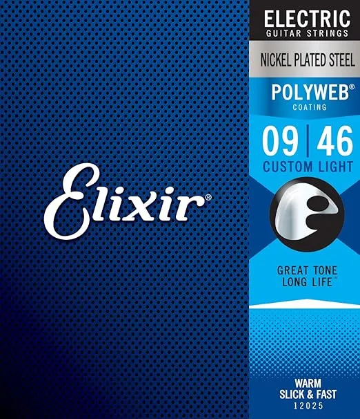 Elixir Strings, Electric Guitar Strings, Nickel Plated Steel with POLYWEB Coating, Longest-Lasting Warm Tone with Comfortable Feel, 6 String Set, Custom Light 9-46