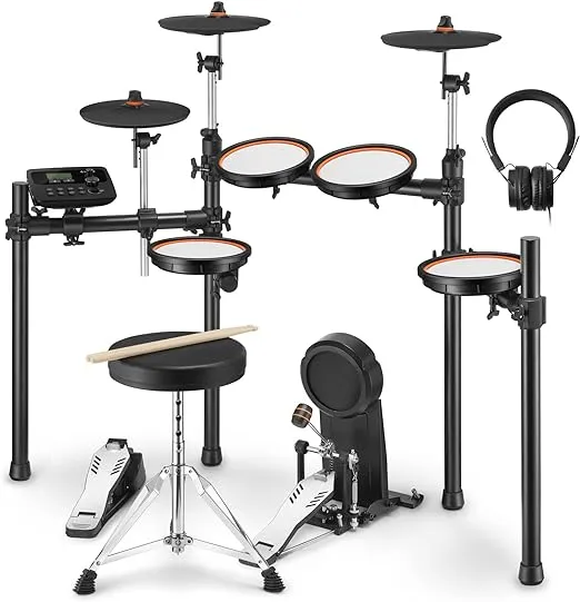 Donner DED-100 Electric Drum Set, Electric Drum for Beginner/Intermediate with Dual Zone Quiet Mesh Drum Pads, Mesh Kick Drum, 30+ Kits and 425 Sounds, Throne, Headphones, Sticks, Melodics Lessons