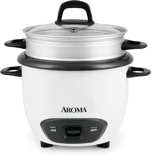 Aroma Housewares 6-Cup (Cooked) (3-Cup Uncooked) Pot Style Rice Cooker and Food Steamer (ARC-743-1NG), White