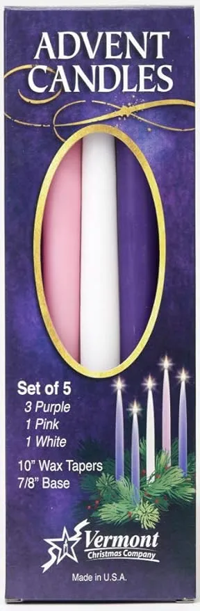 Christmas Advent Candles (Set of 5) - 10" Wax Taper Candles by Vermont Christmas Company - 3 Purple, 1 Pink, 1 White