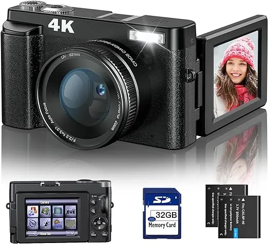 4K Digital Camera for Photography and Video Autofocus Anti-Shake, 48MP Vlogging Camera with SD Card, 3'' 180° Flip Screen Compact Camera with Flash, 16X Digital Zoom Travel Camera (2 Batteries)