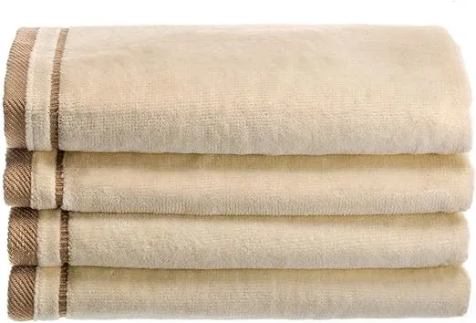 Creative Scents 100% Cotton Velour Fingertip Towels - 4 Pack 11 by 18 Inch – Decorative, Extra Absorbent and Soft Face Towel, Ideal for Bathroom and Powder Room (Cream with Embroidered Brown Trim)