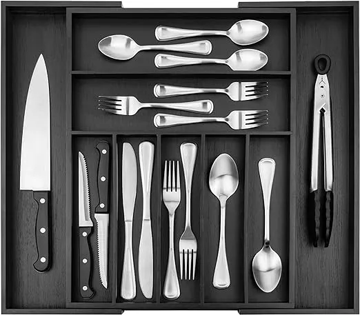 Purawood - Large Premium Bamboo Silverware Organizer - Expandable Kitchen Drawer & Utensil Organizer, 17.5" x 19.75" Cutlery Tray with Drawer Dividers for Kitchen Flatware (7-9 Slots) (Black)