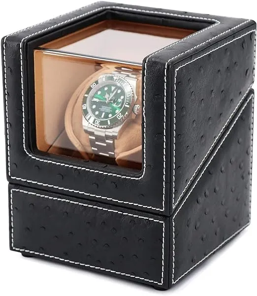 Automatic Single Watch Winder for Rolex and Other Luxury Watches - Automatic Winder with Quiet Motor, Premium Black Ostrich Leather Exterior and Soft Flexible Watch Pillows of Camel Velvet