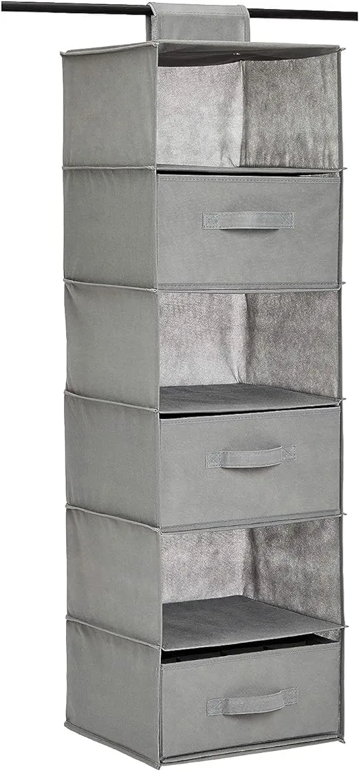 Amazon Basics 6-Tier Hanging Shelf Closet Storage Organizer with Removable Drawers, Grey, 6.9"D x 13.6"W x 12.2"H